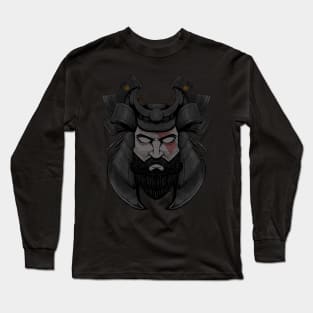 illustration of warrior with samurai helmet, axe and two swords Long Sleeve T-Shirt